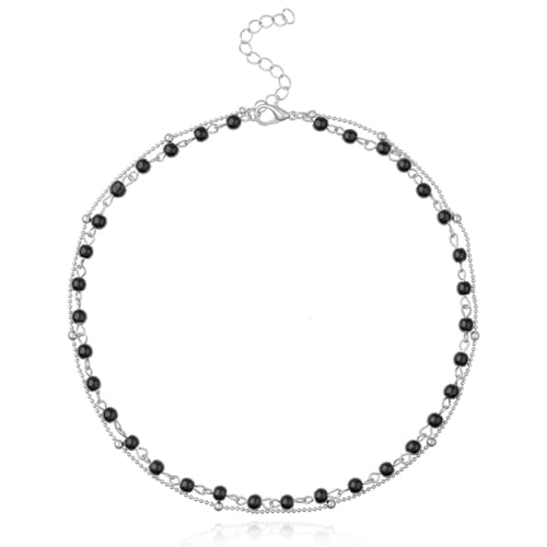 Yalice Beaded Choker Necklace Dainty Opal Birthstone Chokers Necklaces Jewelry for Women (Silver-Black) - Image 1