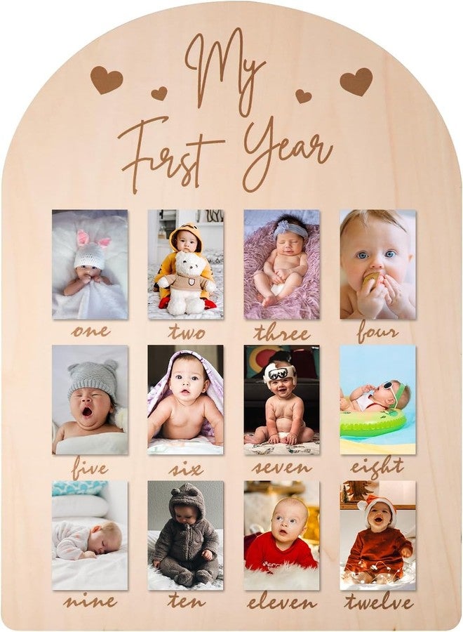 Curious Button My First Year Photo Display Wood Board, Picture Frame 12 Months Newborn Picture Frames Baby Photo Display for Baby Birthday Nursery Decorations - Image 1