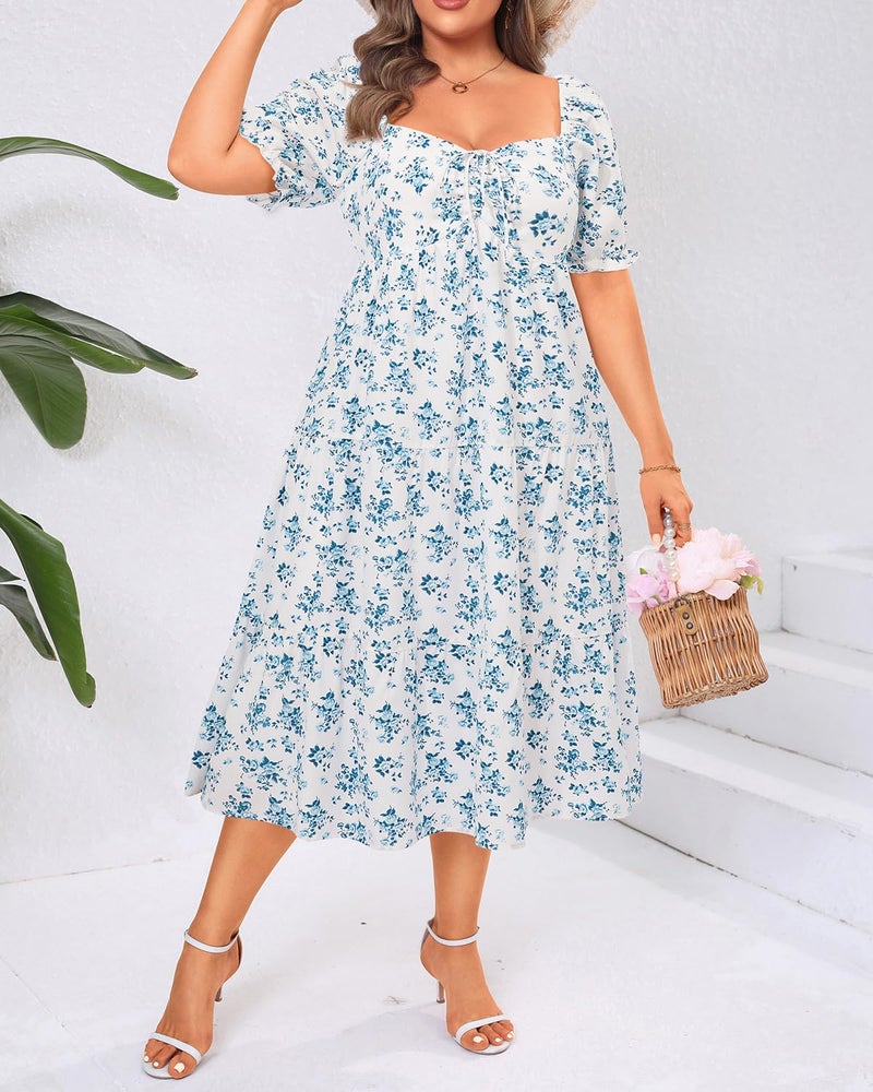Talisea Plus Size Spring Dresses Women Floral Summer Boho Sundress Casual Beach Blue White Milkmaid Flowy Easter Midi Dress - Image 3