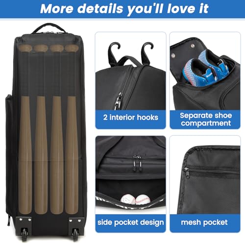 MERALIAN Rolling Baseball Catchers Gear Bag with Wheels, Large Baseball Softball Bag for 4 Bats with Shoe Compartment, Fence-Hooks and Multi-Pockets. (BLK) - Image 5