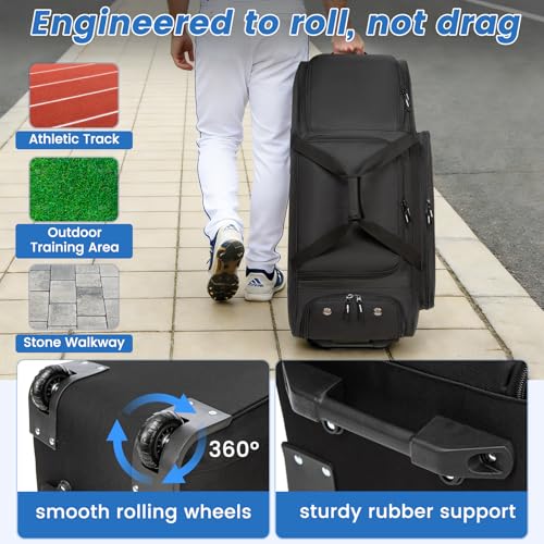 MERALIAN Rolling Baseball Catchers Gear Bag with Wheels, Large Baseball Softball Bag for 4 Bats with Shoe Compartment, Fence-Hooks and Multi-Pockets. (BLK) - Image 3