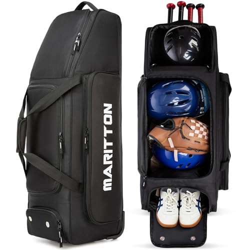 MERALIAN Rolling Baseball Catchers Gear Bag with Wheels, Large Baseball Softball Bag for 4 Bats with Shoe Compartment, Fence-Hooks and Multi-Pockets. (BLK) - Image 1