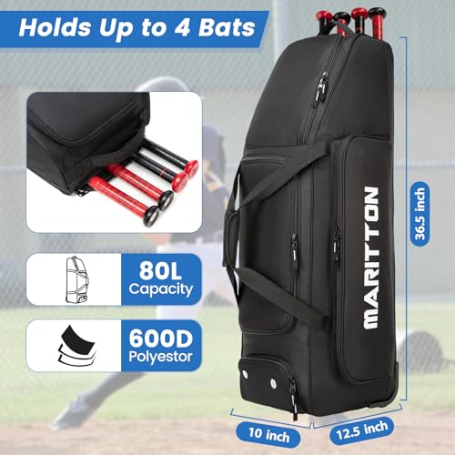 MERALIAN Rolling Baseball Catchers Gear Bag with Wheels, Large Baseball Softball Bag for 4 Bats with Shoe Compartment, Fence-Hooks and Multi-Pockets. (BLK) - Image 2