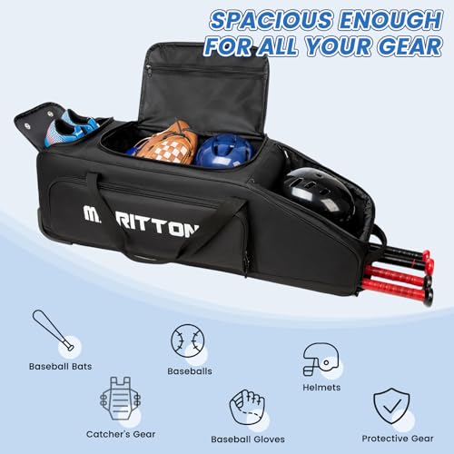 MERALIAN Rolling Baseball Catchers Gear Bag with Wheels, Large Baseball Softball Bag for 4 Bats with Shoe Compartment, Fence-Hooks and Multi-Pockets. (BLK) - Image 4