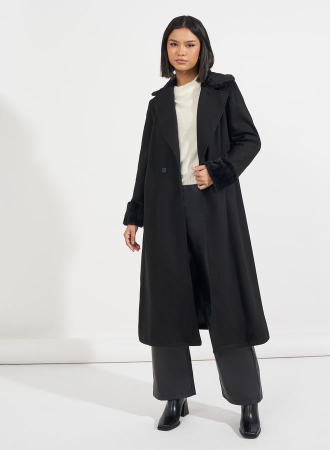 Styli Regular Fit Midi Wool Like Belted Coat with Faux Fur Detail - Image 2