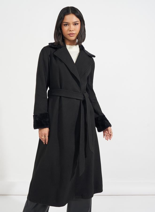Styli Regular Fit Midi Wool Like Belted Coat with Faux Fur Detail - Image 5