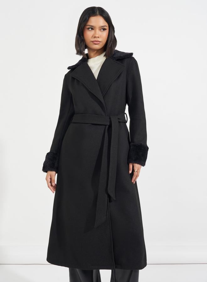 Styli Regular Fit Midi Wool Like Belted Coat with Faux Fur Detail - Image 4