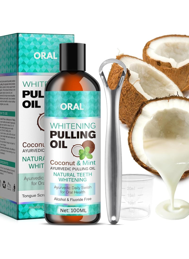 Oral Coconut Oil Pulling Mouthwash with Coconut and Peppermint Oil Ayurvedic Mouthwash for Fresh Breath Teeth Whitening Mint Pulling Mouthwash Natural Essential Oil Mouthwash with Tongue Scraper 100ML  - Image 1