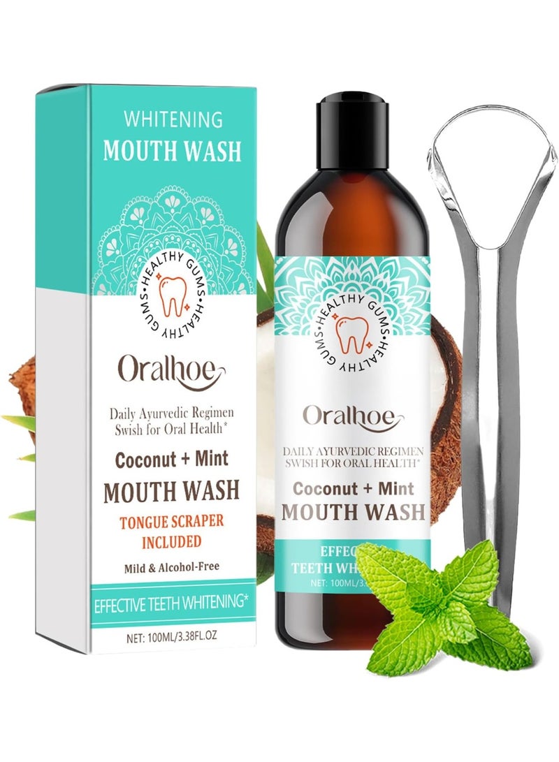 Oral Coconut Oil Pulling Mouthwash with Coconut and Peppermint Oil Ayurvedic Mouthwash for Fresh Breath Teeth Whitening Mint Pulling Mouthwash Natural Essential Oil Mouthwash with Tongue Scraper 100ML - Image 1