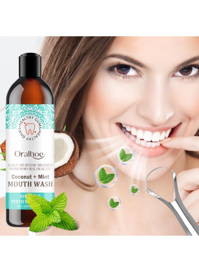 Oral Coconut Oil Pulling Mouthwash with Coconut and Peppermint Oil Ayurvedic Mouthwash for Fresh Breath Teeth Whitening Mint Pulling Mouthwash Natural Essential Oil Mouthwash with Tongue Scraper 100ML - Image 3