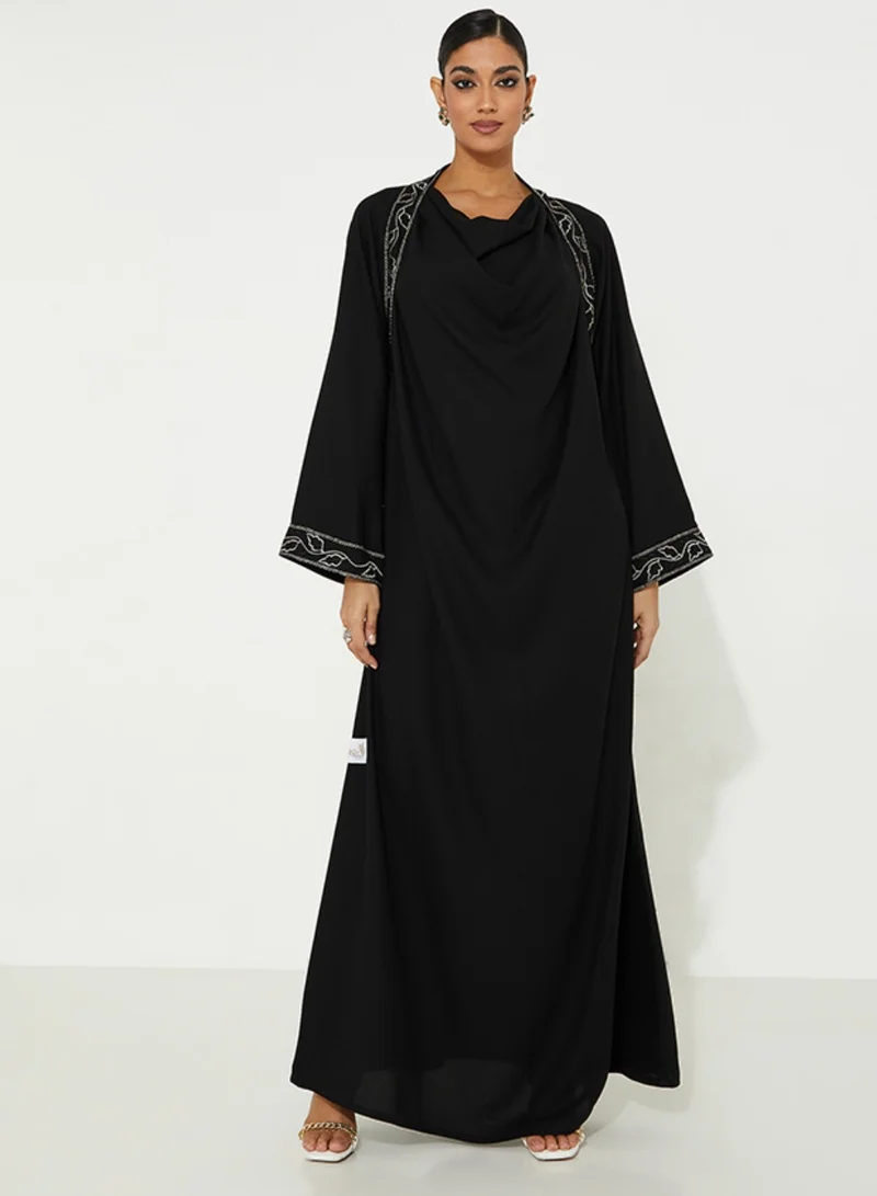 Rosette Abaya Close Black Abaya with Black Embellished Design