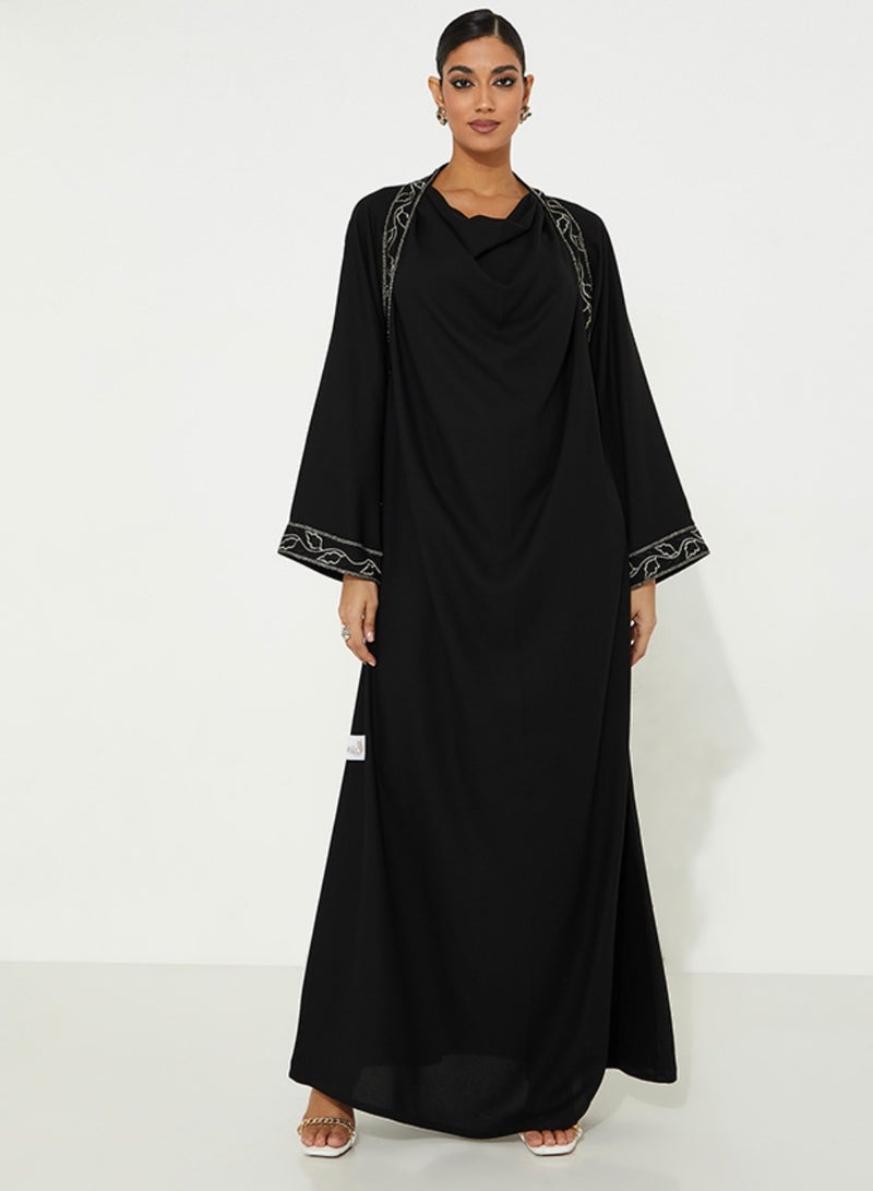Rosette Abaya Close Black Abaya with Black Embellished Design - Image 1