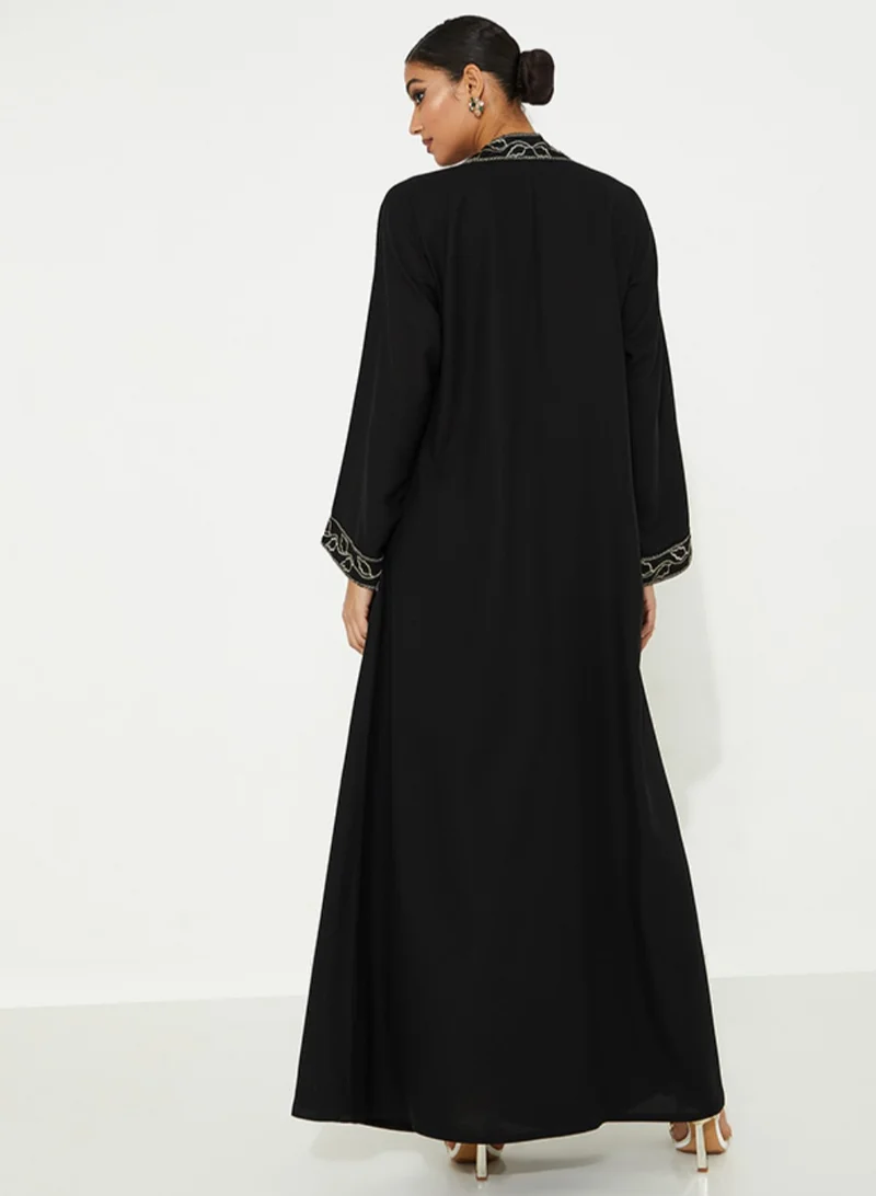Rosette Abaya Close Black Abaya with Black Embellished Design