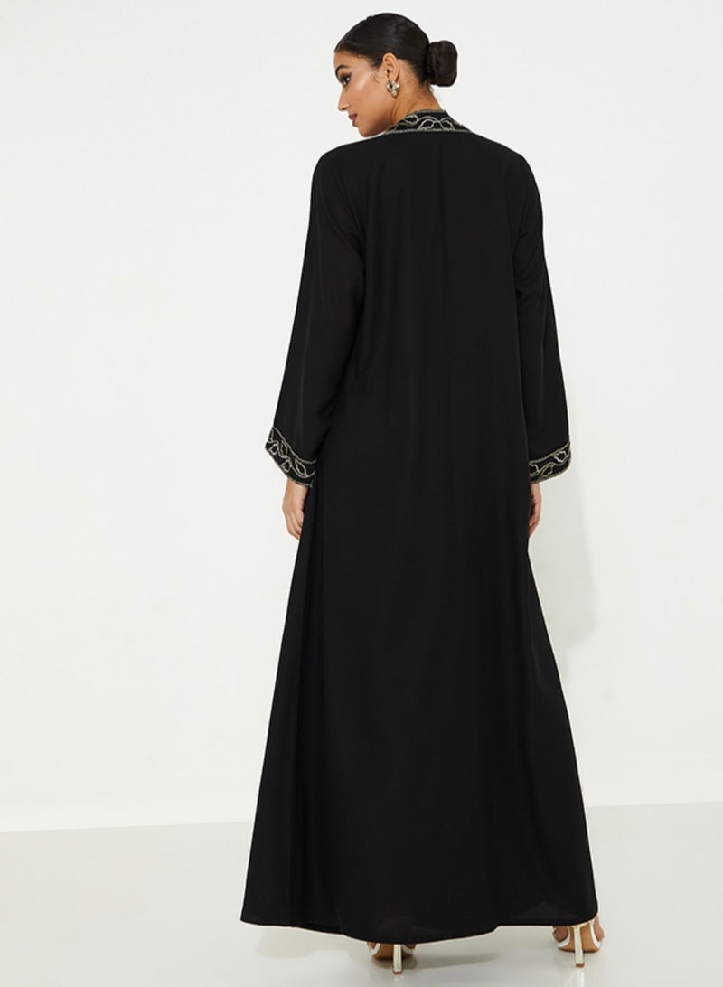 Rosette Abaya Close Black Abaya with Black Embellished Design - Image 2