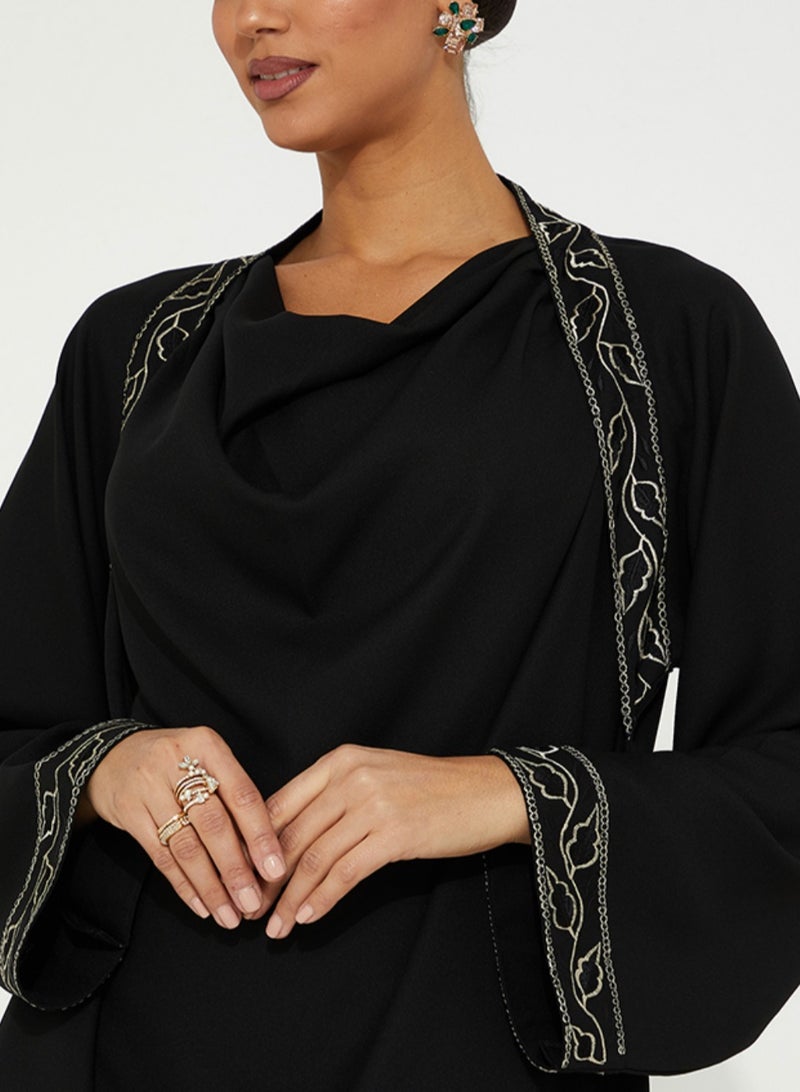 Rosette Abaya Close Black Abaya with Black Embellished Design - Image 3