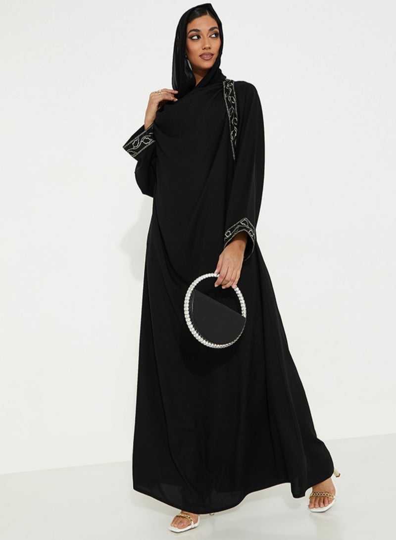 Rosette Abaya Close Black Abaya with Black Embellished Design - Image 4