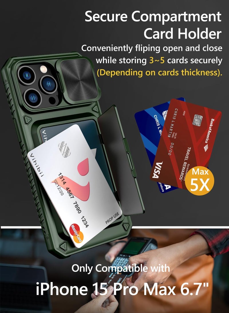 Vihibii for iPhone 15 Pro Max Case with Card Holder (4 Cards) & Slide Camera Cover & Kickstand, Military Grade Drop Protection, Rugged Hard Back & Silicone Edge Wallet Phone Case, 6.7" 2023, Green - Image 2