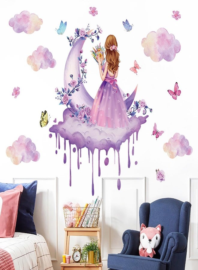 LiveGallery Removable 3D Princess Little Girl Wall Decal DIY Purple Butterfly and Moon Wall Decor Peel and Stick Clouds Wall Sticker for Kids Baby Girls Teens Nursery Bedroom Living Room Decoration (C) - Image 5
