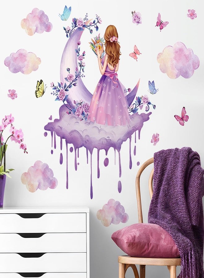 LiveGallery Removable 3D Princess Little Girl Wall Decal DIY Purple Butterfly and Moon Wall Decor Peel and Stick Clouds Wall Sticker for Kids Baby Girls Teens Nursery Bedroom Living Room Decoration (C) - Image 1