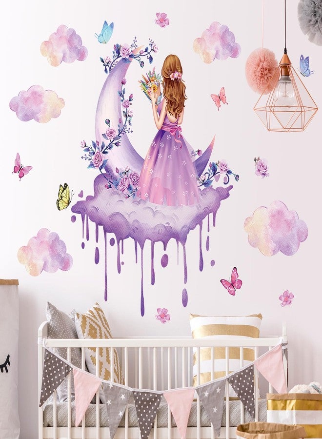 LiveGallery Removable 3D Princess Little Girl Wall Decal DIY Purple Butterfly and Moon Wall Decor Peel and Stick Clouds Wall Sticker for Kids Baby Girls Teens Nursery Bedroom Living Room Decoration (C) - Image 4