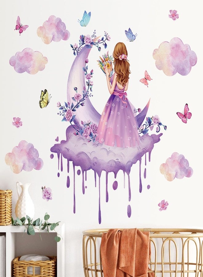 LiveGallery Removable 3D Princess Little Girl Wall Decal DIY Purple Butterfly and Moon Wall Decor Peel and Stick Clouds Wall Sticker for Kids Baby Girls Teens Nursery Bedroom Living Room Decoration (C) - Image 3