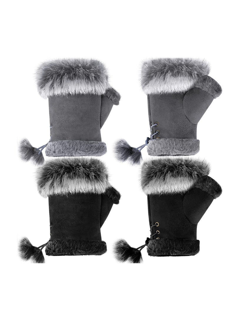 Fingerless Fur Gloves, Winter Rabbit Fur Half finger Mittens for Women Girls Teen Working Writing, 2 Pairs - Image 1