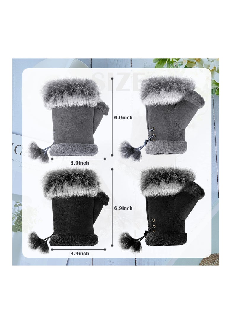 Fingerless Fur Gloves, Winter Rabbit Fur Half finger Mittens for Women Girls Teen Working Writing, 2 Pairs - Image 2