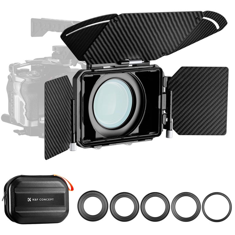 K&F CONCEPT Mini Matte Box, DSLR Camera Matte Box with Carbon Fiber Top Flag Side Wings Square Filters Trays, for 67/72/77/82/95mm Lenses, for 4x5.65 Square ND UV Filter/Circular Filter - Image 1