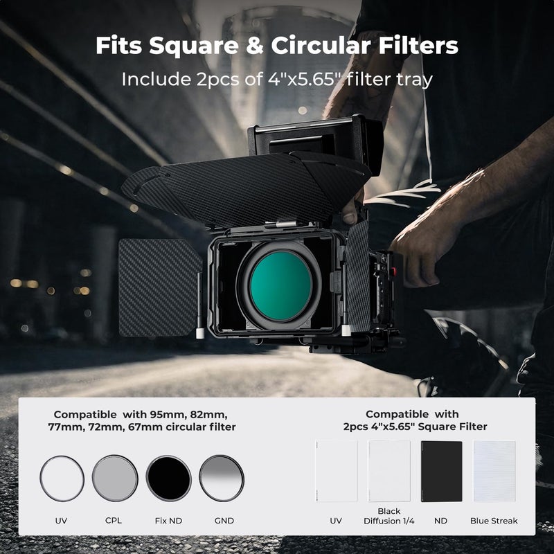K&F CONCEPT Mini Matte Box, DSLR Camera Matte Box with Carbon Fiber Top Flag Side Wings Square Filters Trays, for 67/72/77/82/95mm Lenses, for 4x5.65 Square ND UV Filter/Circular Filter - Image 5