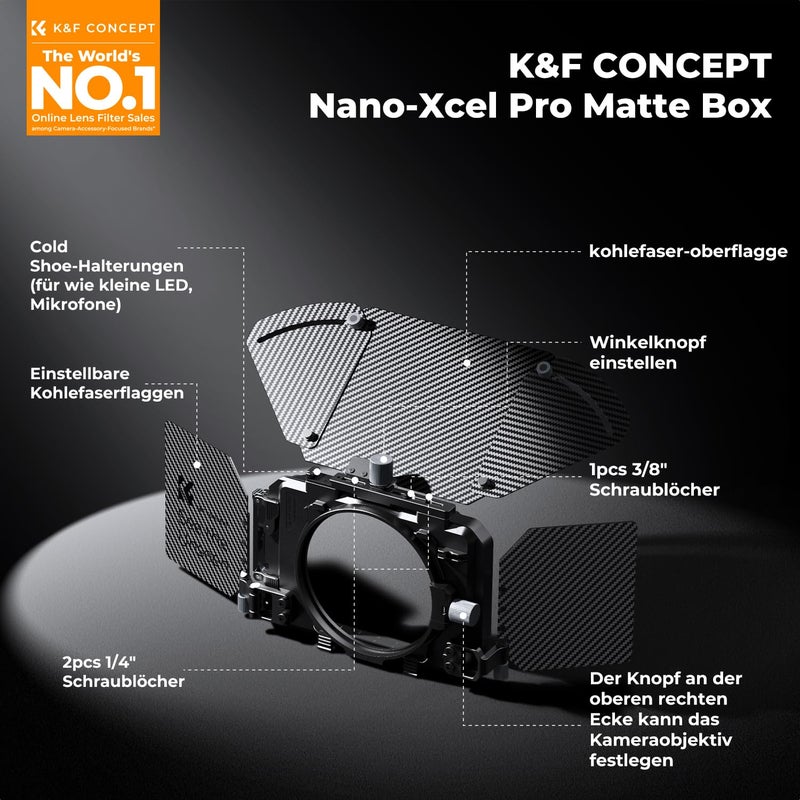 K&F CONCEPT Mini Matte Box, DSLR Camera Matte Box with Carbon Fiber Top Flag Side Wings Square Filters Trays, for 67/72/77/82/95mm Lenses, for 4x5.65 Square ND UV Filter/Circular Filter - Image 2
