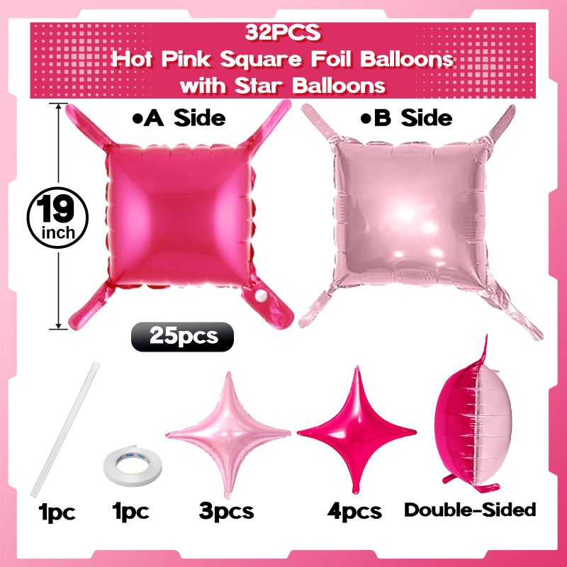 Froova 32PCS Hot Pink Square Foil Balloon Wall Double Sided, Metallic Bright Pink and Light Pink with Star Balloons Backdrop Flat Tunnel Foil Magenta Background for Girls Women Princess Birthdays Baby Shower - Image 2