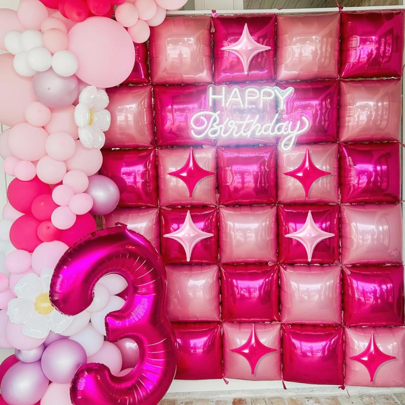 Froova 32PCS Hot Pink Square Foil Balloon Wall Double Sided, Metallic Bright Pink and Light Pink with Star Balloons Backdrop Flat Tunnel Foil Magenta Background for Girls Women Princess Birthdays Baby Shower - Image 4