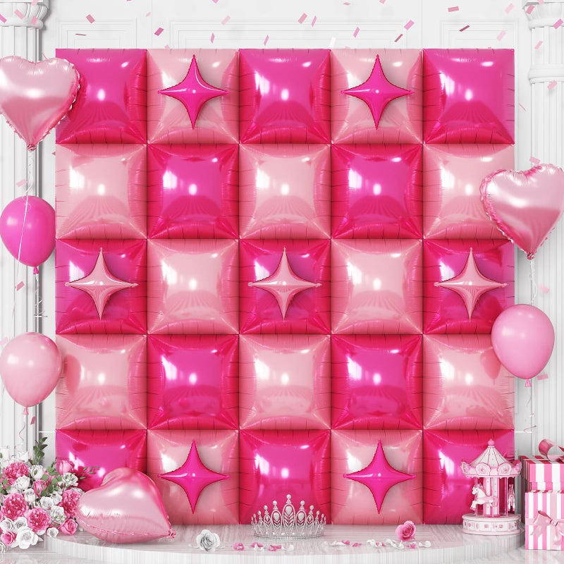 Froova 32PCS Hot Pink Square Foil Balloon Wall Double Sided, Metallic Bright Pink and Light Pink with Star Balloons Backdrop Flat Tunnel Foil Magenta Background for Girls Women Princess Birthdays Baby Shower - Image 1