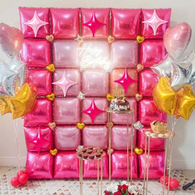 Froova 32PCS Hot Pink Square Foil Balloon Wall Double Sided, Metallic Bright Pink and Light Pink with Star Balloons Backdrop Flat Tunnel Foil Magenta Background for Girls Women Princess Birthdays Baby Shower - Image 5