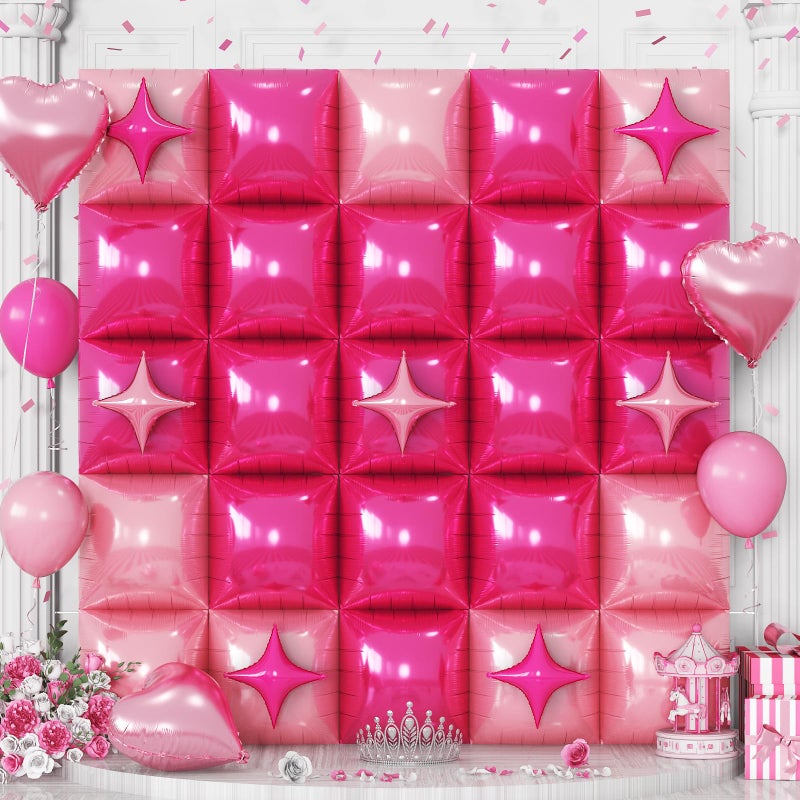 Froova 32PCS Hot Pink Square Foil Balloon Wall Double Sided, Metallic Bright Pink and Light Pink with Star Balloons Backdrop Flat Tunnel Foil Magenta Background for Girls Women Princess Birthdays Baby Shower - Image 3