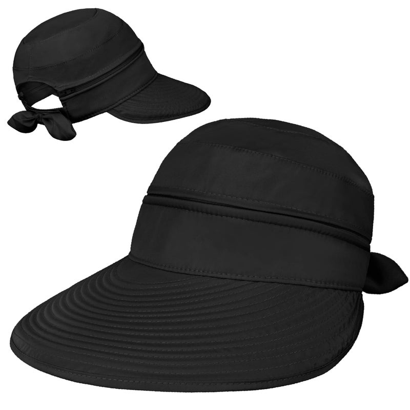 Suncube SUN CUBE Women Sun Hat for Outdoor UV Protection, Wide Brim Sun Hat Ponytail, Convertible Zip-Off Beach Hat Visor for Golf Gardening Pool Travel, Foldable Summer UPF50+ Visor Hat, Black - Image 2