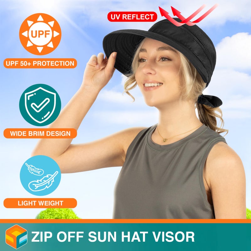 Suncube SUN CUBE Women Sun Hat for Outdoor UV Protection, Wide Brim Sun Hat Ponytail, Convertible Zip-Off Beach Hat Visor for Golf Gardening Pool Travel, Foldable Summer UPF50+ Visor Hat, Black - Image 3