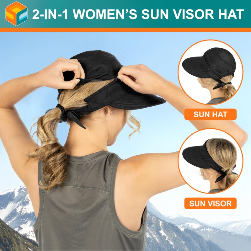 Suncube SUN CUBE Women Sun Hat for Outdoor UV Protection, Wide Brim Sun Hat Ponytail, Convertible Zip-Off Beach Hat Visor for Golf Gardening Pool Travel, Foldable Summer UPF50+ Visor Hat, Black - Image 5