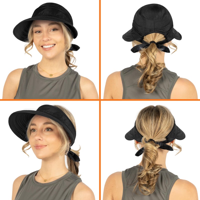 Suncube SUN CUBE Women Sun Hat for Outdoor UV Protection, Wide Brim Sun Hat Ponytail, Convertible Zip-Off Beach Hat Visor for Golf Gardening Pool Travel, Foldable Summer UPF50+ Visor Hat, Black - Image 4