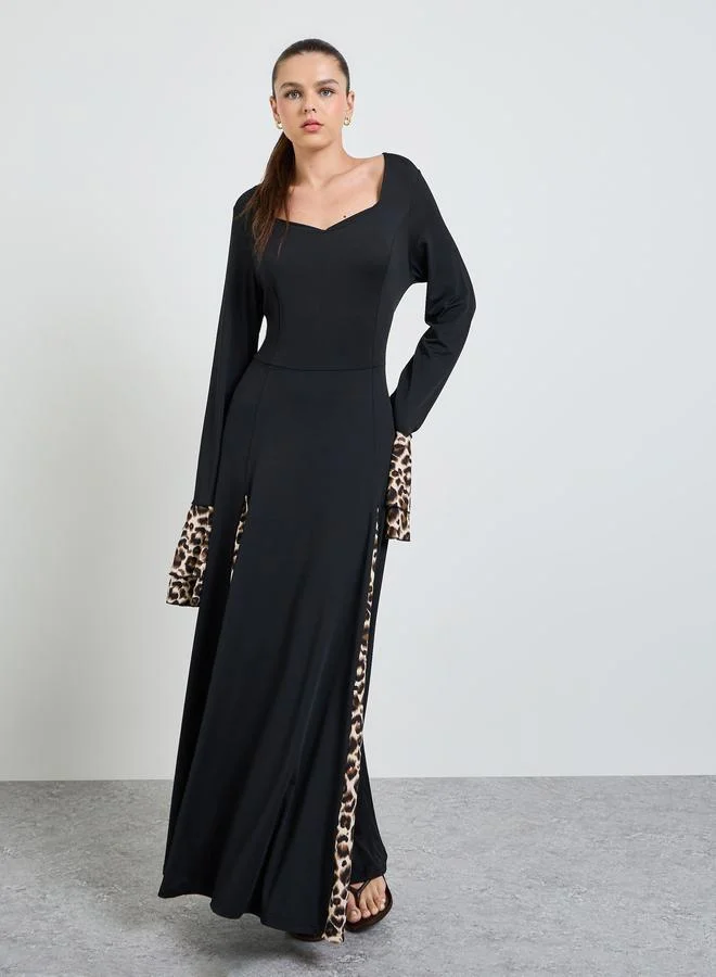 تايك تو Black Leopard Print Bell Sleeves Maxi Dress