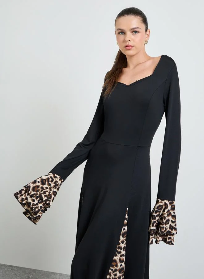 تايك تو Black Leopard Print Bell Sleeves Maxi Dress