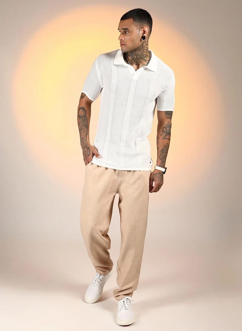 Campus Sutra Men's Chalk White Unbalanced-Knit Polo T-Shirt