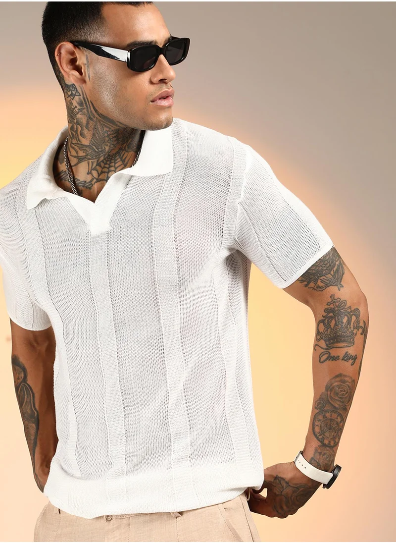 كامبوس سوترا Men's Chalk White Unbalanced-Knit Polo T-Shirt