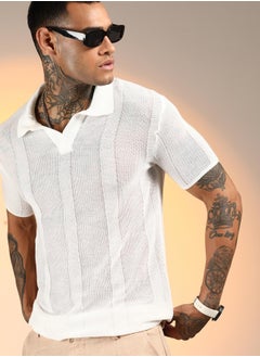 كامبوس سوترا Men's Chalk White Unbalanced-Knit Polo T-Shirt  - Image 1