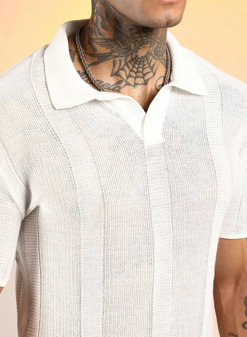 Campus Sutra Men's Chalk White Unbalanced-Knit Polo T-Shirt