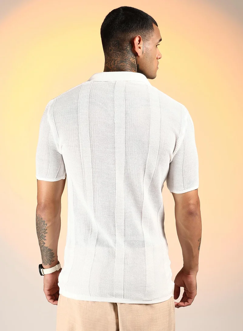 Campus Sutra Men's Chalk White Unbalanced-Knit Polo T-Shirt
