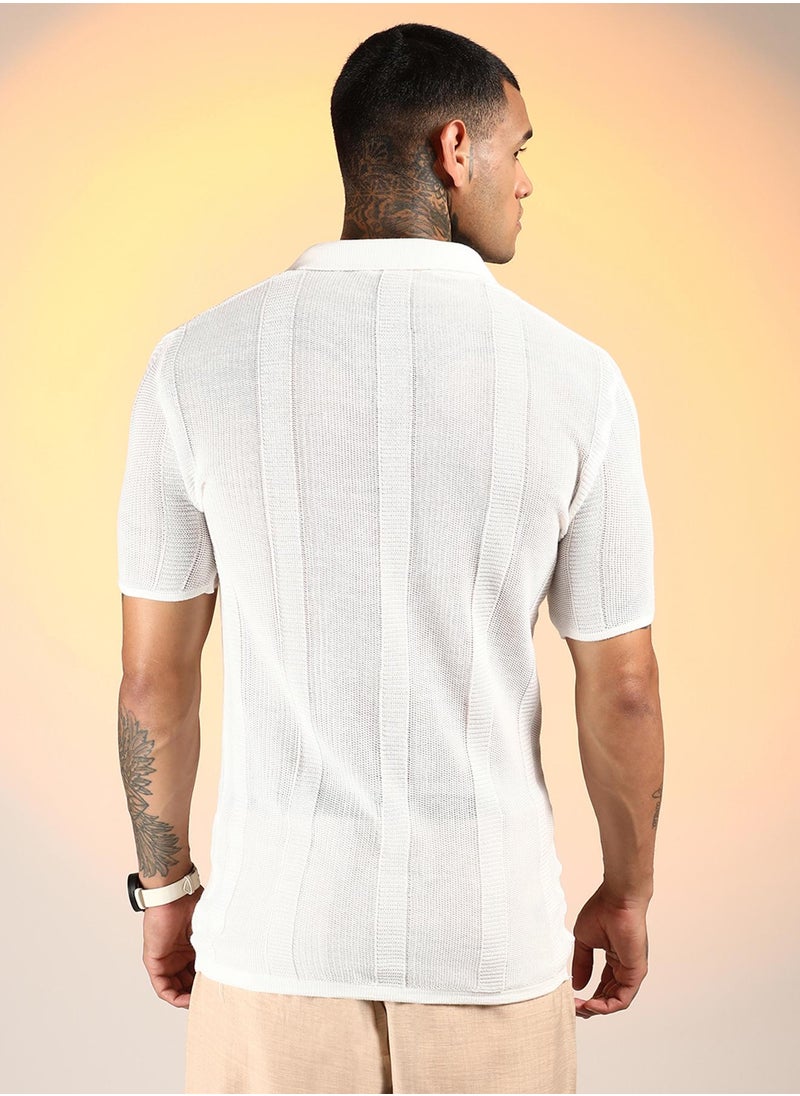 Campus Sutra Men's Chalk White Unbalanced-Knit Polo T-Shirt  - Image 5