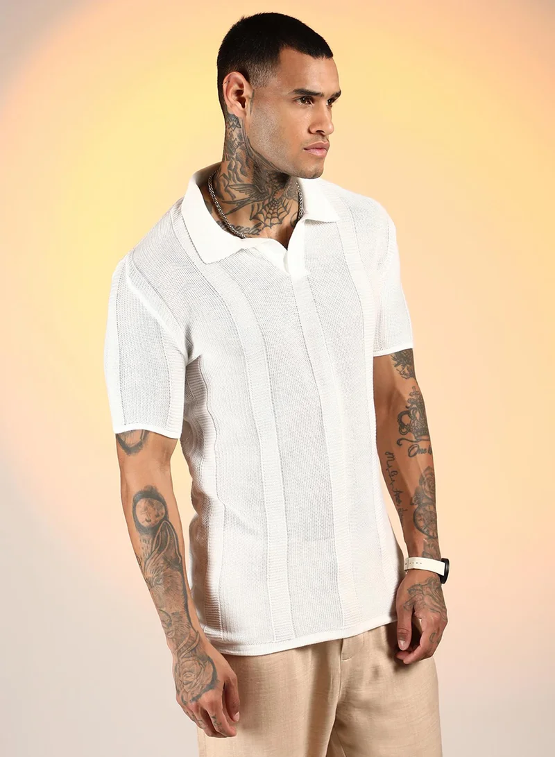 Campus Sutra Men's Chalk White Unbalanced-Knit Polo T-Shirt