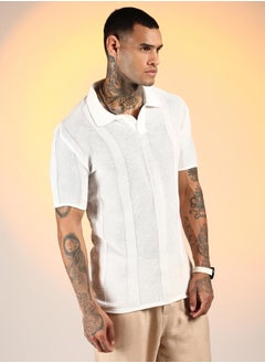 كامبوس سوترا Men's Chalk White Unbalanced-Knit Polo T-Shirt  - Image 3