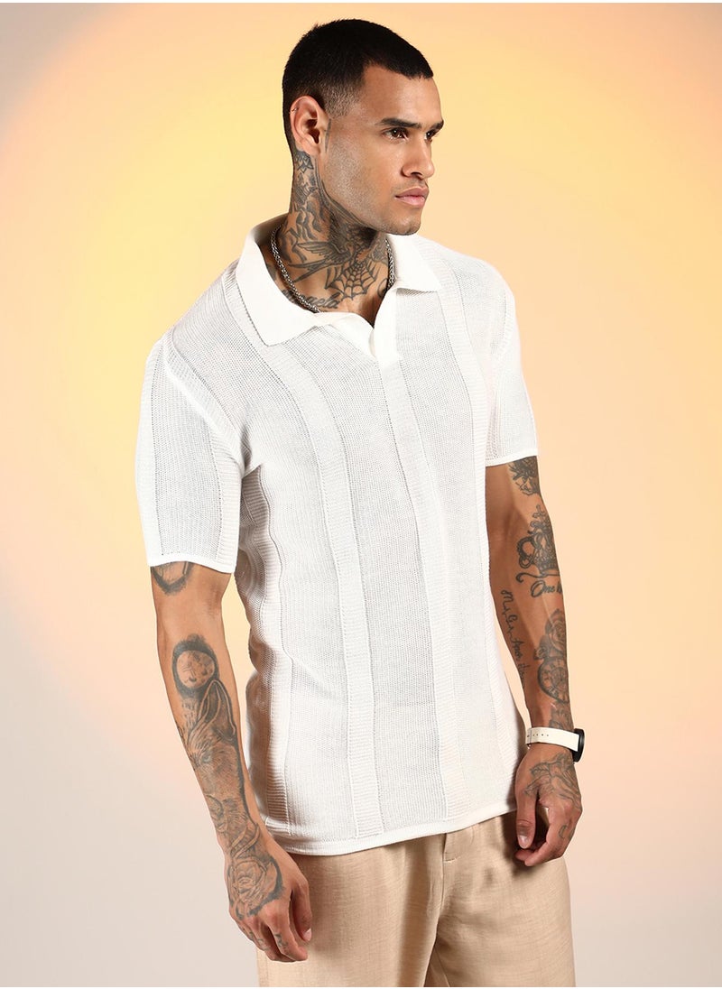 Campus Sutra Men's Chalk White Unbalanced-Knit Polo T-Shirt  - Image 3